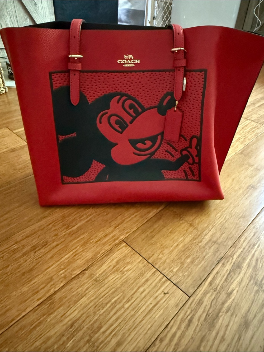Coach Red Leather Tote with Black Mickey Graphic
